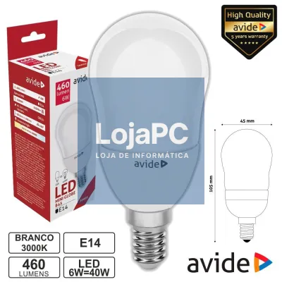 LÂMPADA LED E14 GLOBO B45 6W 230V 3000K 460LM AVIDE