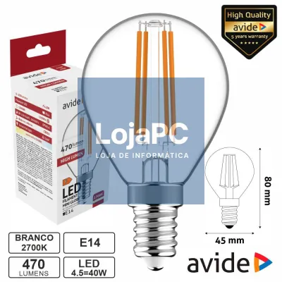 Lâmpada LED E14 Globo Filamento 4.5W 230V 2700K 470lm AVIDE