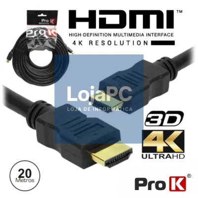 CABO HDMI DOURADO MACHO / MACHO 2.0 4K PRETO 20M PROK