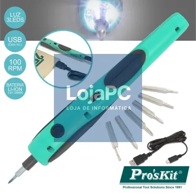 APARAFUSADORA ELÉTRICA S/ FIOS USB ILUMINAÇÃO LED PROSKIT