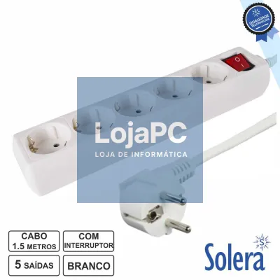 TOMADA ELÉTRICA C/ 5 SAÍDAS INTERRUPTOR 1.5M BRANCA SOLERA