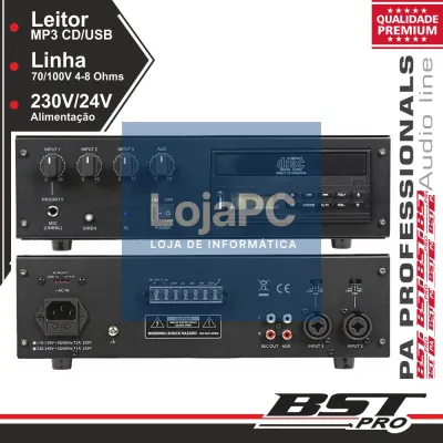 AMPLIFICADOR PA 100V LEITOR CD/USB PHANTOM 30W BSTPRO