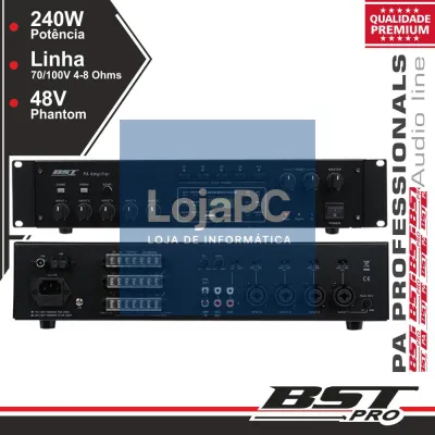 AMPLIFICADOR PA PHANTOM 24V 240W 4 ZONAS USB/SD/AM/FM BSTPRO