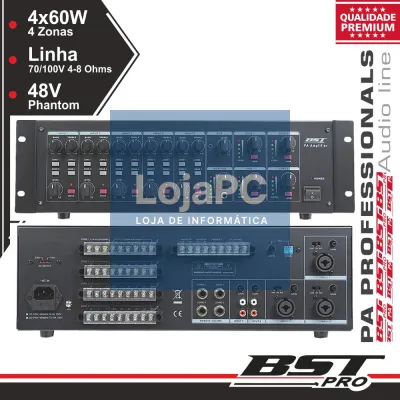 AMPLIFICADOR 19" 4 ZONAS PA 100V 5 CANAIS 4X60W MP3 USB/SD
