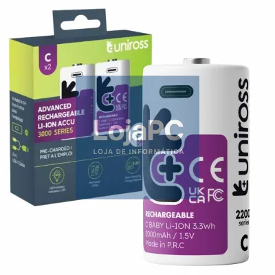 Pilha Recarregável R14 D 1.5V 3000mAh C/ USB-C 2x