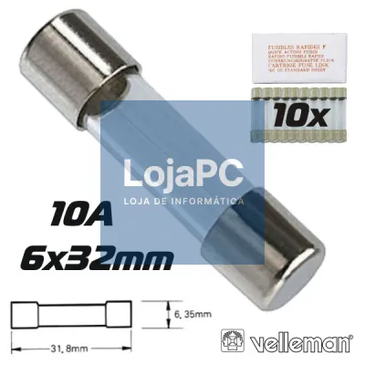 FUSÍVEL 6X32 FUSÃO LENTA 10A (10X) VELLEMAN