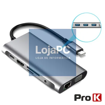 Hub USB-C P/ USB-C/ 3xUSB / VGA / HDMI / Audio/ RJ45/Cartões
