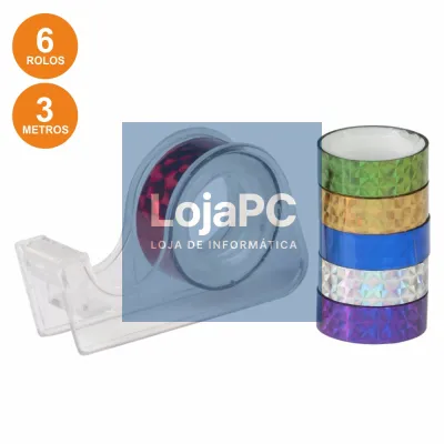 DISPENSADOR DE FITA-COLA C/ 6 ROLOS DECORATIVOS 12MM 3M