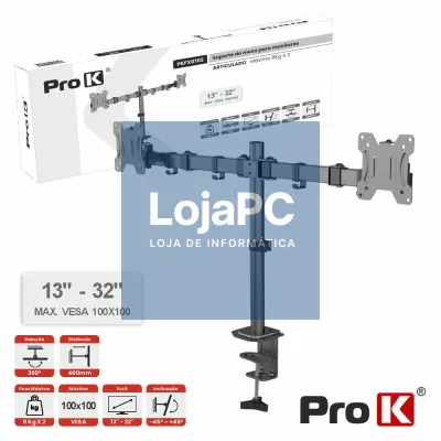 Suporte Duplo Monitor Mesa 13-32" 2x8kg Vesa 100x100 PROK