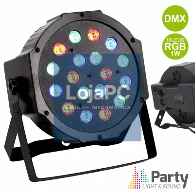 PROJETOR PAR C/ 18 LEDS 1W RGB DMX MIC PARTY