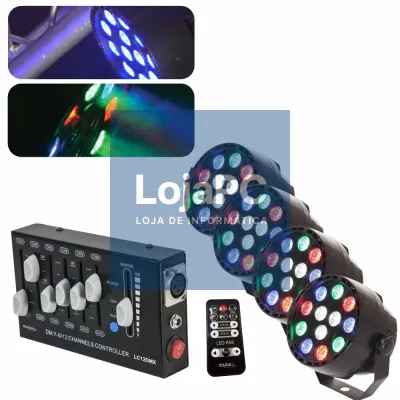 4x Projetor PAR 12 LEDs RGBW e Controlador DMX 12 Canais