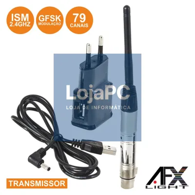 TRANSMISSOR DMX S/ FIOS 2.4GHZ 79 CANAIS XLR GFSK AFXLIGHT
