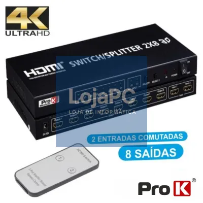 DISTRIBUIDOR HDMI AMPLIFICADO 2 ENTRADA 8 SAÍDAS 4K PROK