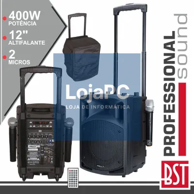 COLUNA AMPLIFICADA 12" 400Wmáx 2 MIC UHF CD/USB/BT BOLSA BST