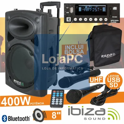 COLUNA AMPLIFICADA 8" 400W USB/BT/SD/BAT UHF PRETA IBIZA