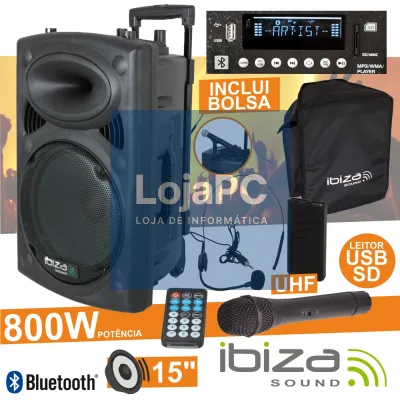 COLUNA AMPLIFICADA 15" 800W USB/BT/SD/BAT UHF PRETA IBIZA
