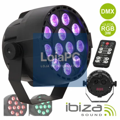 PROJETOR PAR C/ 12 LEDS RGB 3W ABS COMANDO MIC DMX IBIZA