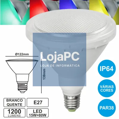 LÂMPADA E27 15W=80W 230V LED PAR38 BRANCO QUENTE IP64 1200LM