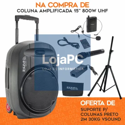 PACK Coluna Amplificada 15" 800W UHF C/ OFERTA Suporte IBIZA