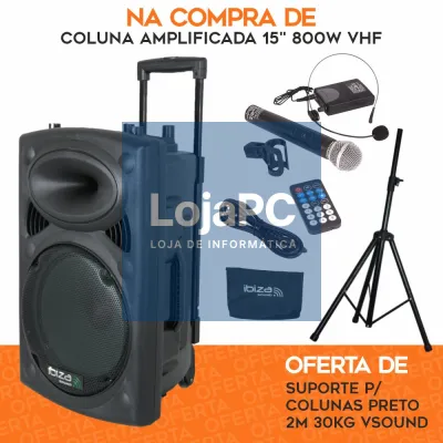 PACK Coluna Amplificada 15" 800W VHF C/ OFERTA Suporte IBIZA