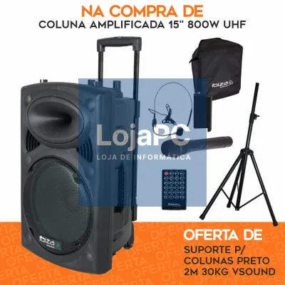 PACK Coluna Amplificada 15" 800W UHF C/ OFERTA Suporte IBIZA