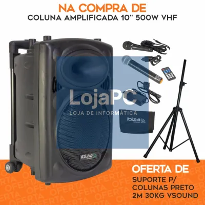 PACK Coluna Amplificada 10" 500W VHF C/ OFERTA Suporte IBIZA