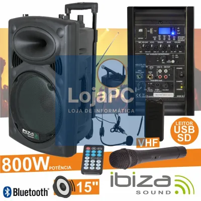 COLUNA AMPLIFICADA 15" 800W USB/BT/SD/BAT VHF PRETA IBIZA