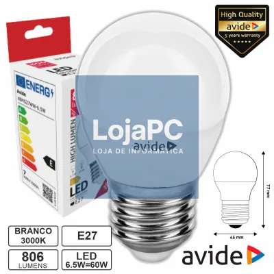 Lâmpada LED E27 Globo G45 6.5W 230V 3000K 806lm AVIDE