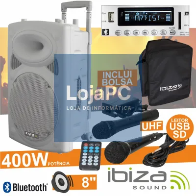 COLUNA AMPLIFICADA 8" 400W USB/BT/SD/BAT UHF BRANCO IBIZA