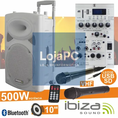 COLUNA AMPLIFICADA 10" 500W USB/BT/SD/BAT VHF BRANCO IBIZA