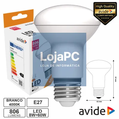 Lâmpada LED E27 R63 8W 230V 4000K 806lm AVIDE