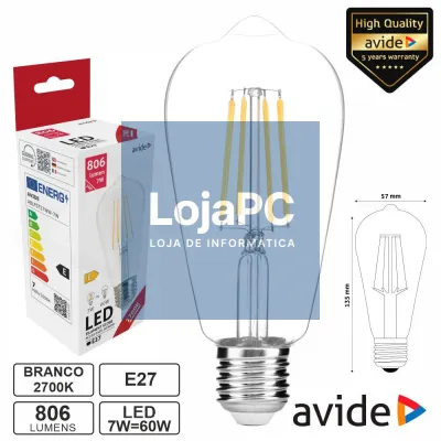 Lâmpada LED E27 ST57 Filamento 7W 230V 2700K 806lm AVIDE