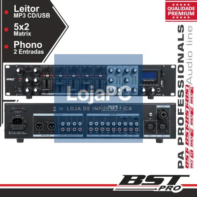 PRÉ-AMPLIFICADOR 19" 2U MATRIX 5X2 12 ENTRADAS CD/USB BSTPRO