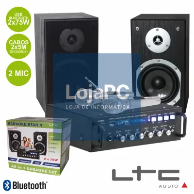 CONJUNTO KARAOKE AMPLIFICADOR 2X75W 2 COLUNAS 2MIC BT LTC
