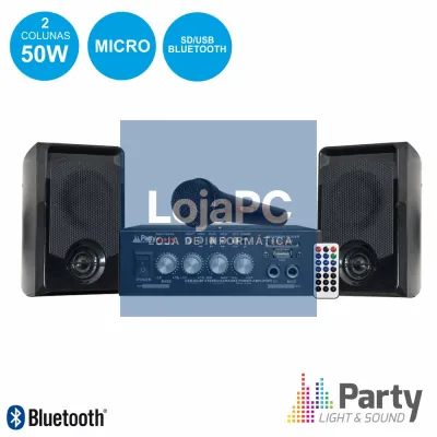 CONJUNTO KARAOKE AMPLIFICADOR 2X50W 2 COLUNAS MIC BT PARTY