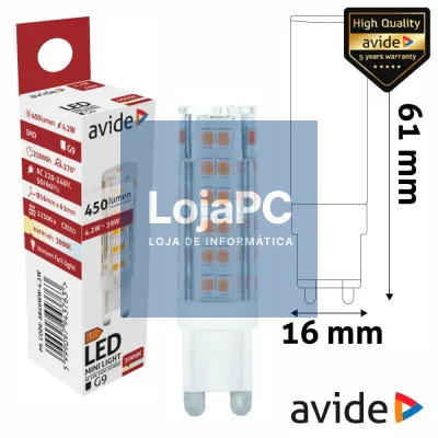 Lâmpada LED G9 4.2W 230V 3000K 450lm AVIDE