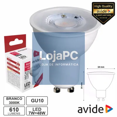 Lâmpada LED GU10 Spot 36º 7W 230V 3000K 610lm AVIDE