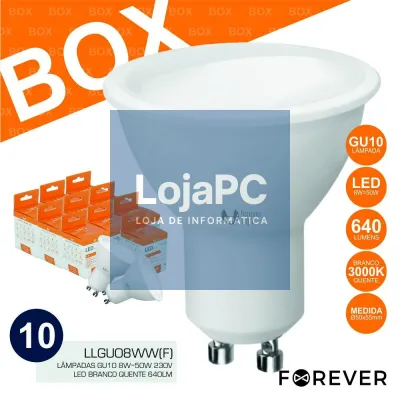BOX 10 LÂMPADAS GU10 8W=50W 230V LED BRANCO QUENTE 640LM