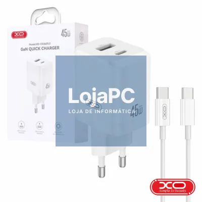 Alimentador 1x USB-A / 1x USB-C 45W GaN C/ Cabo USB-C XO