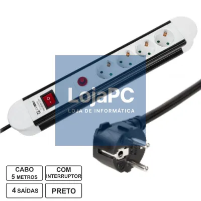 Tomada Elétrica C/ 4 Saídas Interruptor 5m Branco/Preto