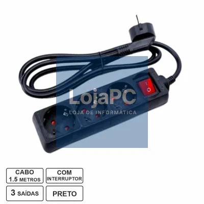 Tomada Elétrica C/ 3 Saídas Interruptor 1.5m Preto