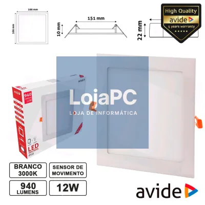 PAINEL LEDS QUADRADO 12W 166MM 3000K 940LM AVIDE
