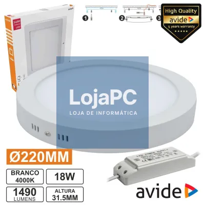 PAINEL LEDS REDONDO SUPERFÍCIE 18W 220MM 4000K 1490LM AVIDE