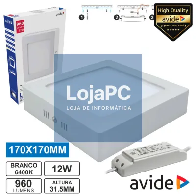 PAINEL LEDS QUADRADO SUPERFÍCIE 12W 170MM 6400K 960LM AVIDE