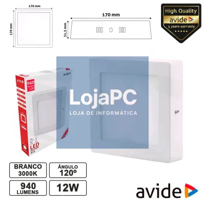 PAINEL LEDS QUADRADO SUPERFÍCIE 12W 170MM 3000K 940LM AVIDE