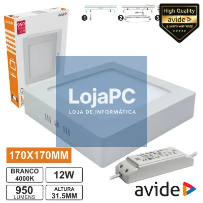 PAINEL LEDS QUADRADO SUPERFÍCIE 12W 170MM 4000K 840LM AVIDE