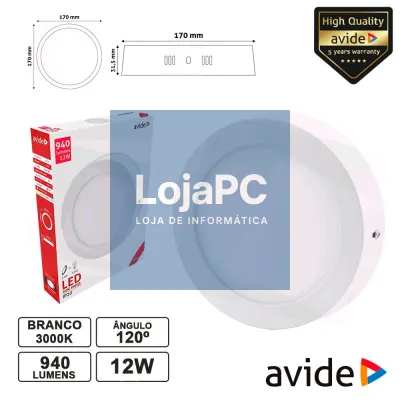 PAINEL LEDS REDONDO SUPERFÍCIE 12W 170MM 3000K 940LM AVIDE