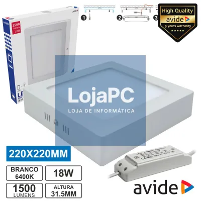 PAINEL LEDS QUADRADO SUPERFÍCIE 18W 220MM 6400K 960LM AVIDE