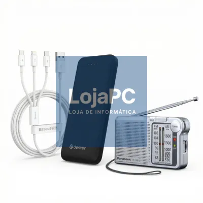 Kit C/ Rádio A Pilhas + Cabo USB-A 3em1 + Powerbank 10000mAh