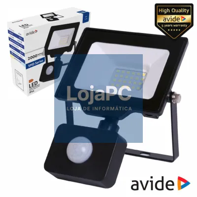 Foco LED 20W 230V C/ Sensor 6400k 2000lm Preto IP44 AVIDE